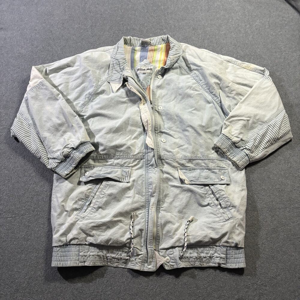 VTG 80s British Mist Acid Wash Denim Bomber Jacket L Lined Striped Cotton